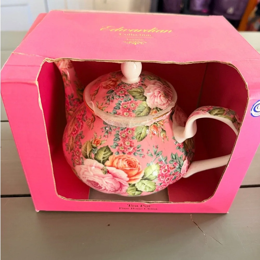 Edwardian Collection England Fine Bone China Pink Rose Tea Set Teapot Plates Cup